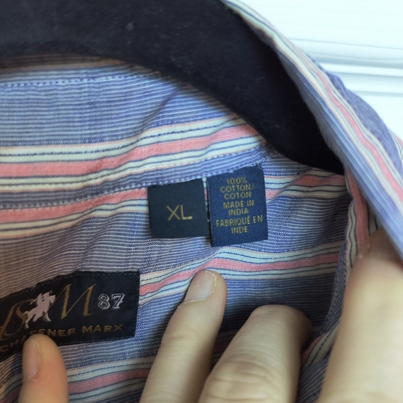 Mens Hart Shaffner Marx XL Blue Pin Striped Salmon White Thick Stripe shirt - Picture 4 of 9